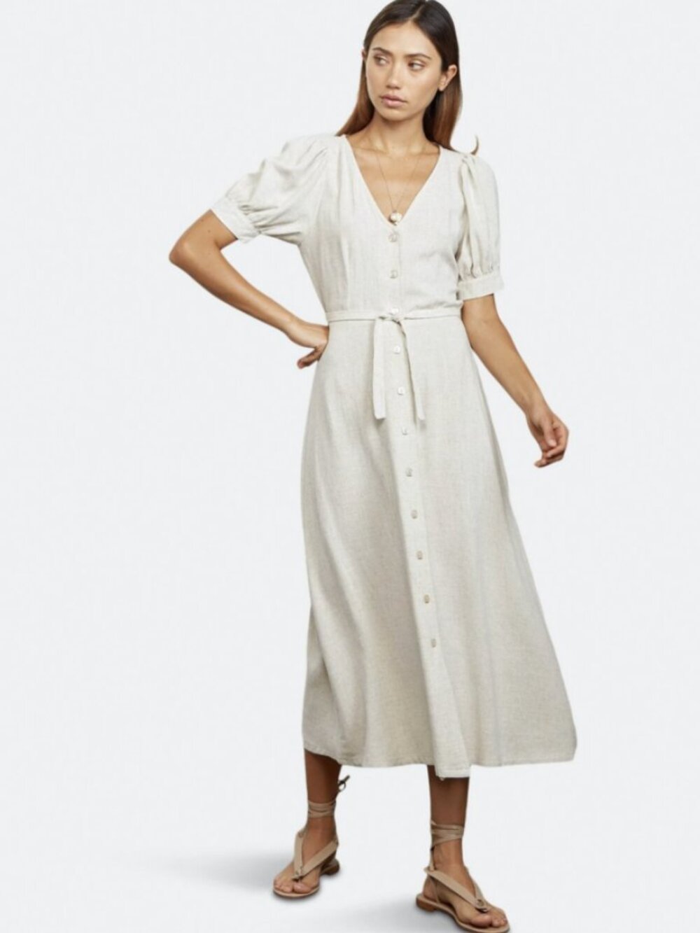 Rachel Pally Piper Dress Linen Blend Puff Sleeve Button Tie Waist Midi USA - Picture 2 of 12